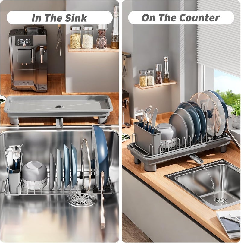 SanDream Small Dish Drying Rack with Removable Utensil Holder & Anti-Scratch Base - Stainless Steel Dish Rack, Dish Drying Rack with Drainage & Space Saving Design for Kitchen Counter, Gray - Image 2